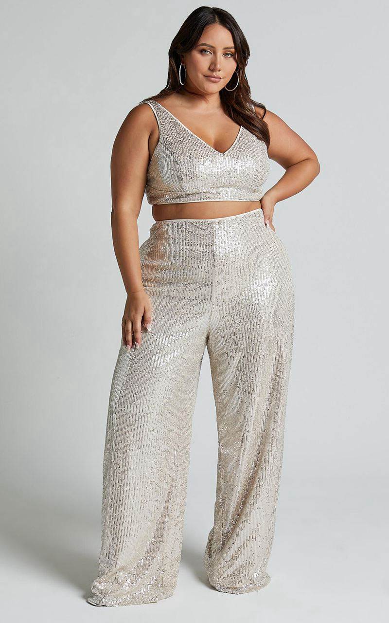 Showpo Abela Two Piece Set - Crop Top And Wide Leg Pants Set Silver Sequin | CPTHOQ356