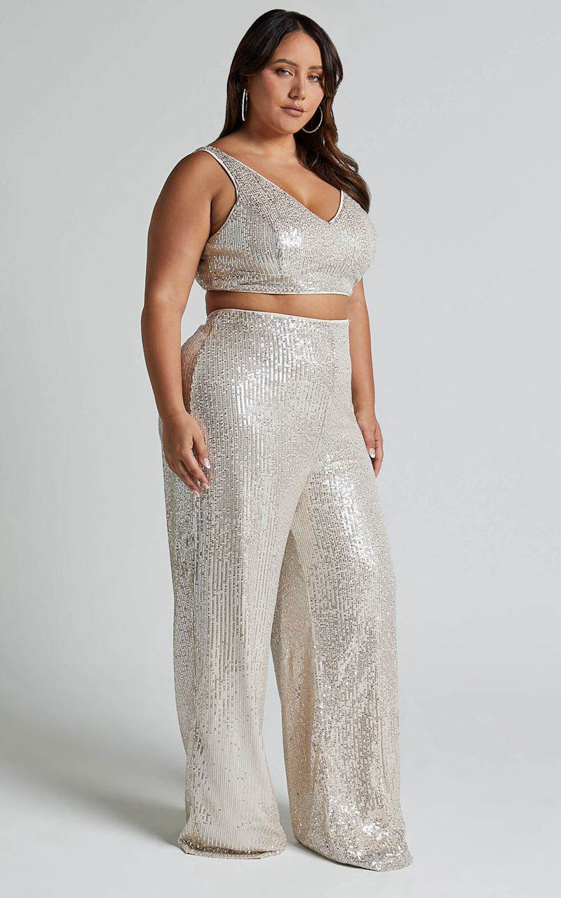 Showpo Abela Two Piece Set - Crop Top And Wide Leg Pants Set Silver Sequin | CPTHOQ356