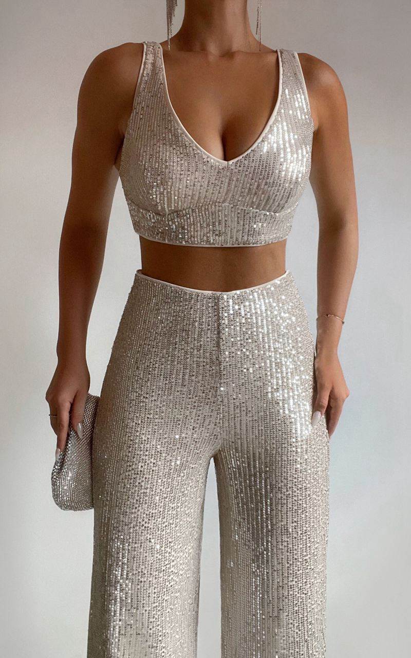 Showpo Abela Two Piece Set - Crop Top And Wide Leg Pants Set Silver Sequin | CPTHOQ356