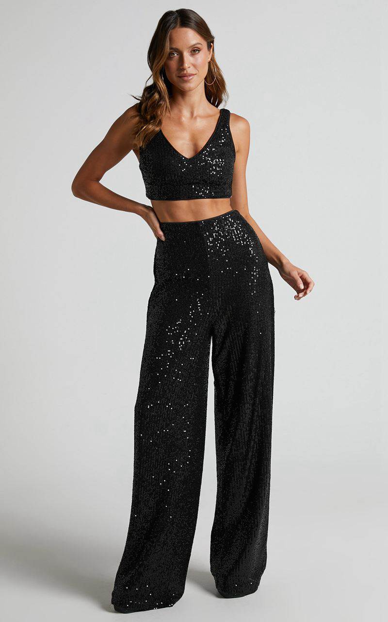 Showpo Abela Two Piece Set - Crop Top And Wide Leg Pants Set Black Sequin | DIWRBM476