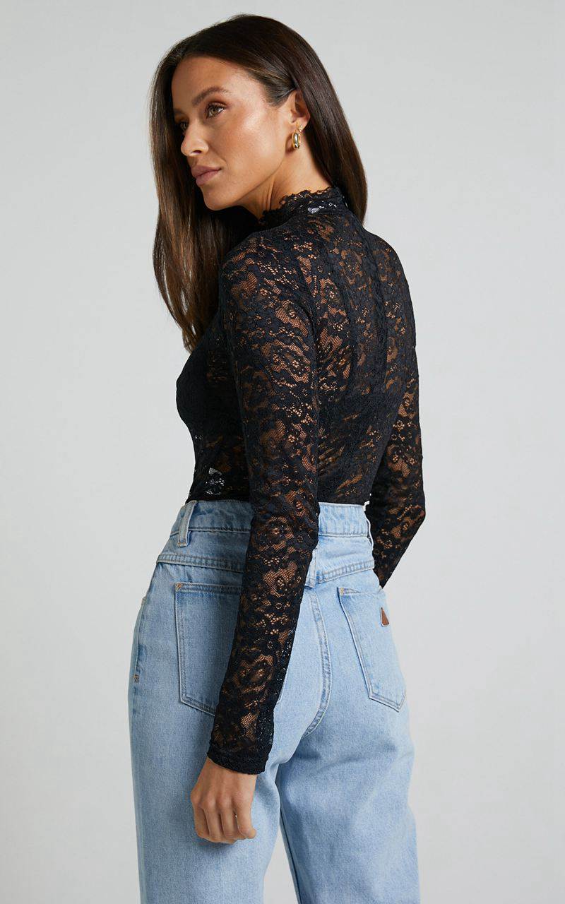 Showpo Abella Bodysuit - Long Sleeve Lace Bodysuit Black | JHCXTO142