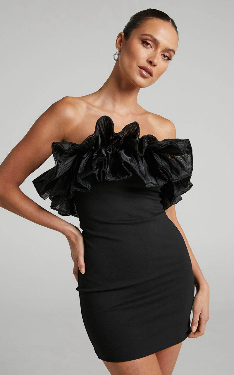 Showpo Abella Mini Dress - Strapless Ruffle Detail Bodycon Dress Black | TZEGDC915