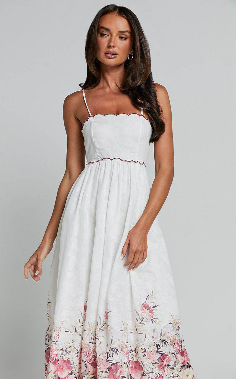 Showpo Abellina Midi Dress - Spaghetti Strap Sundress With Contrasting Wave Stitching White | RJDONL351