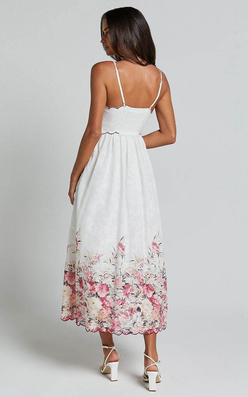 Showpo Abellina Midi Dress - Spaghetti Strap Sundress With Contrasting Wave Stitching White | RJDONL351