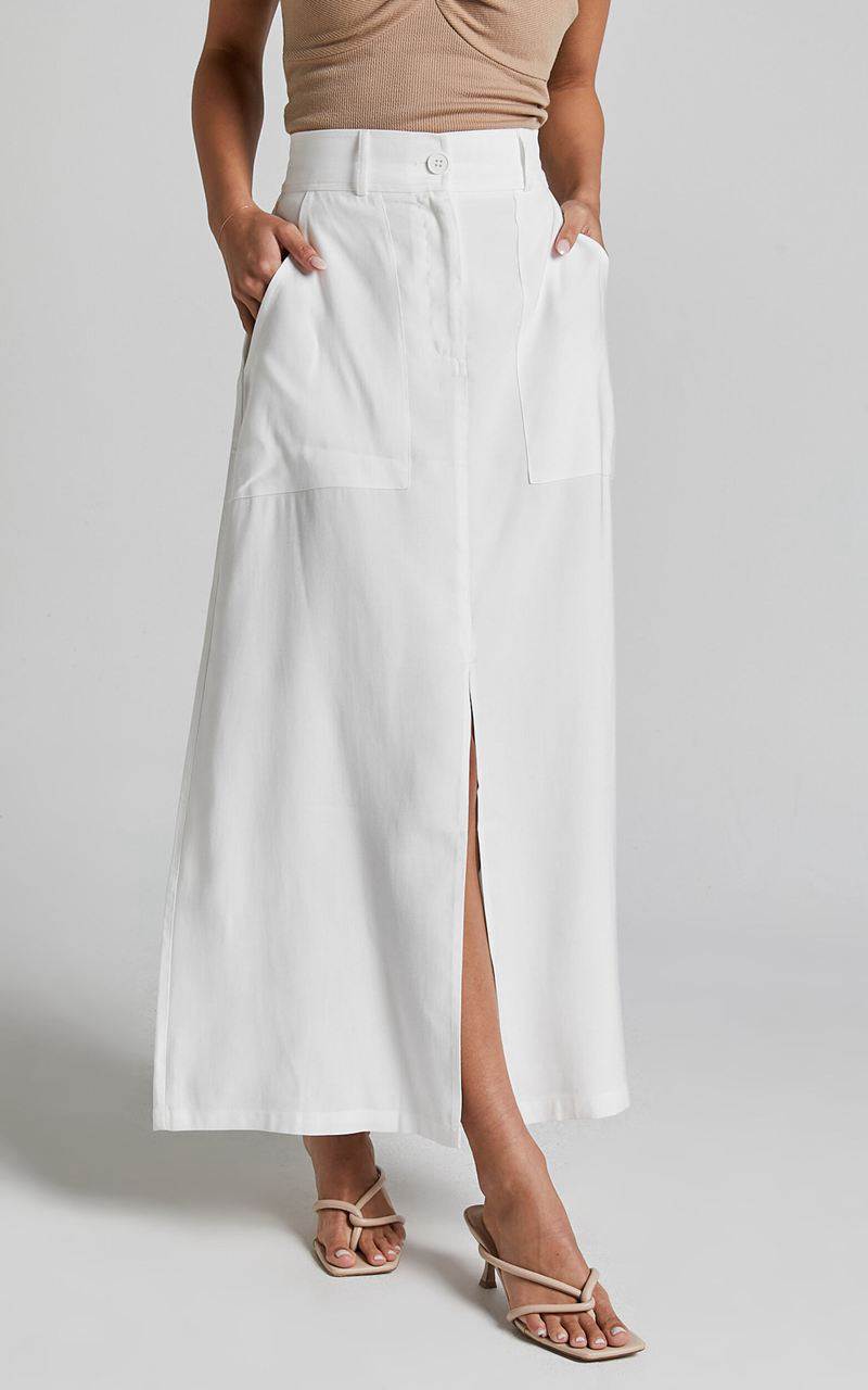 Showpo Abigail Midi Skirt - Front Split High Waisted Cargo Skirt White | UNAFCE569