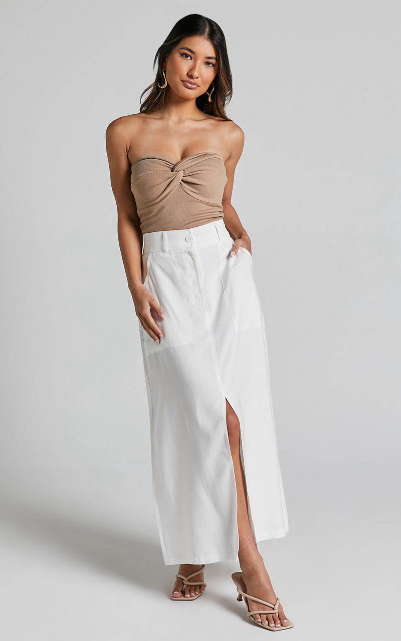 Showpo Abigail Midi Skirt - Front Split High Waisted Cargo Skirt White | UNAFCE569