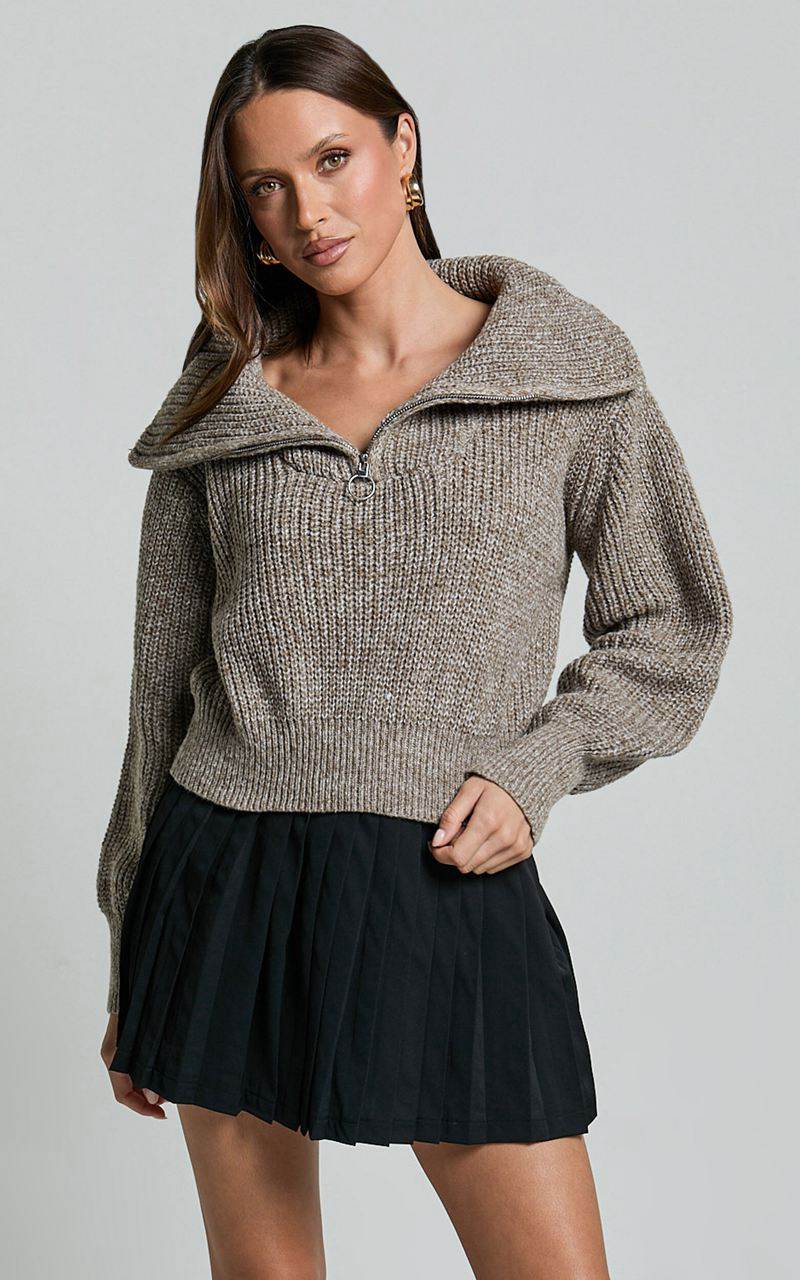 Showpo Ace Jumper - Chunky Quarter Zip Knit Jumper Taupe | CSVPUR685