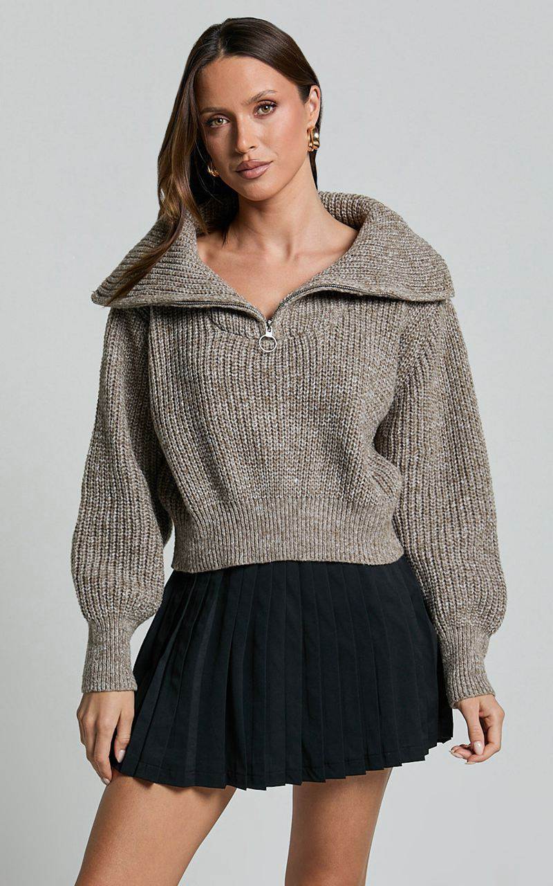 Showpo Ace Jumper - Chunky Quarter Zip Knit Jumper Taupe | CSVPUR685