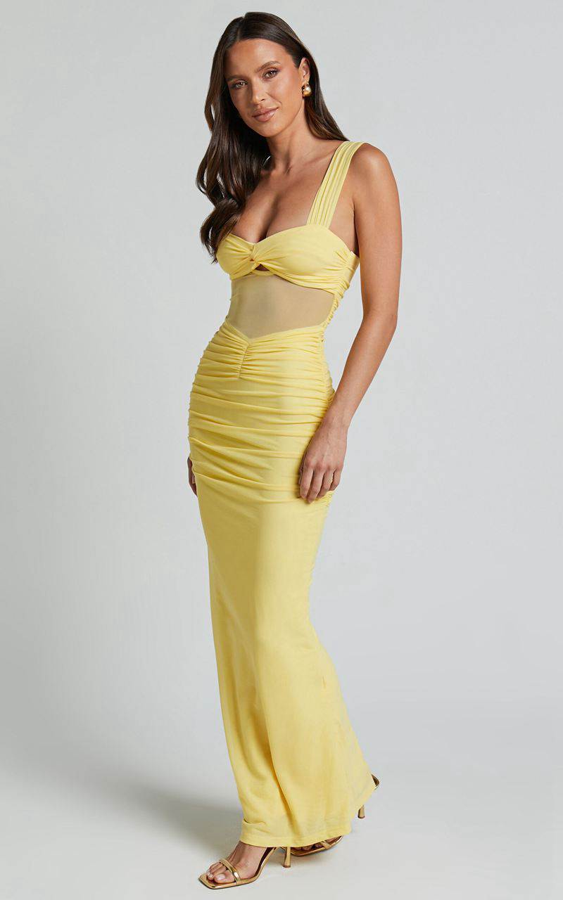 Showpo Adalee Midi Dress- Sheer Panel Ruched Bust Dress Yellow | VRDBQS253