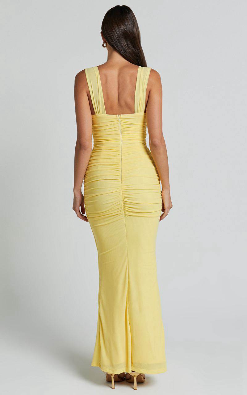 Showpo Adalee Midi Dress- Sheer Panel Ruched Bust Dress Yellow | VRDBQS253