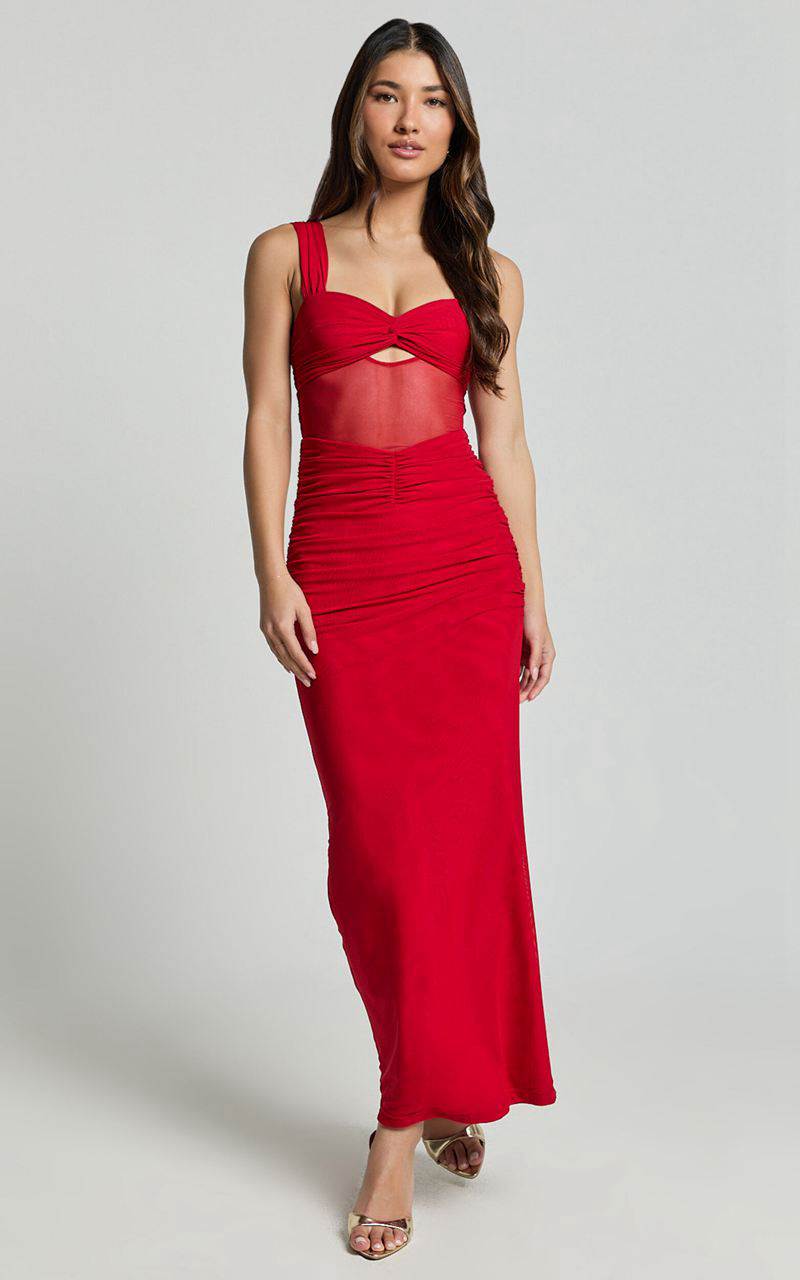 Showpo Adalee Midi Dress- Sheer Panel Ruched Bust Dress Red | ZVQBOU038