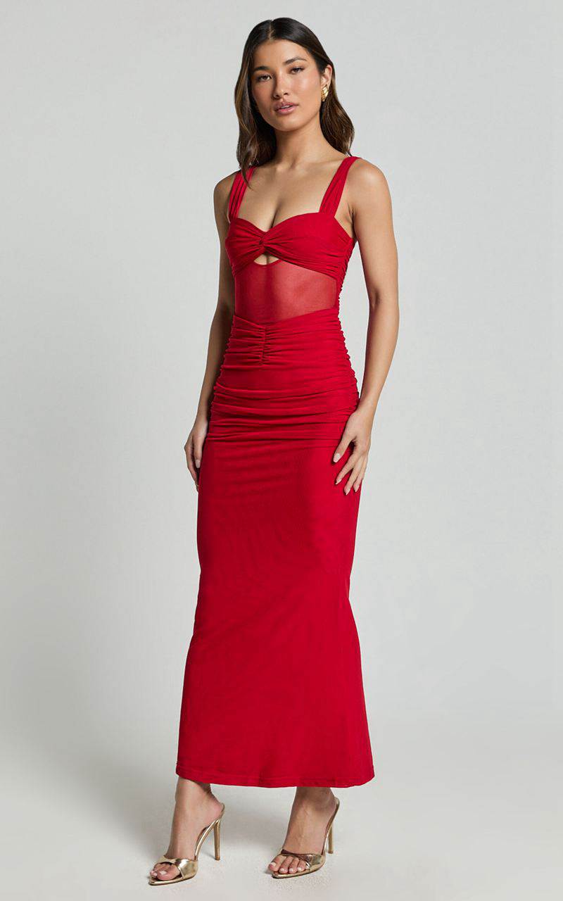 Showpo Adalee Midi Dress- Sheer Panel Ruched Bust Dress Red | ZVQBOU038