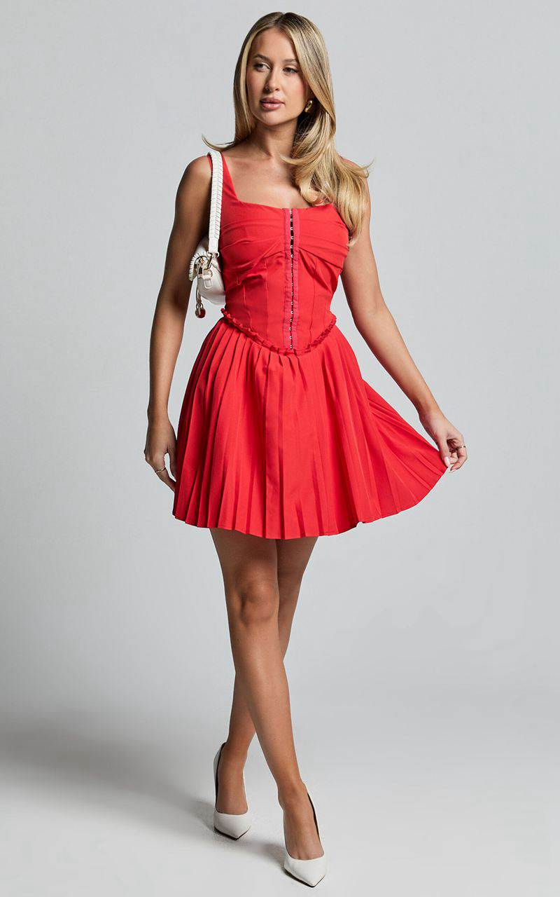 Showpo Adana Mini Dress - Fit And Flare Eyelet Corset Detail Mini Dress Red | WYSLJN768