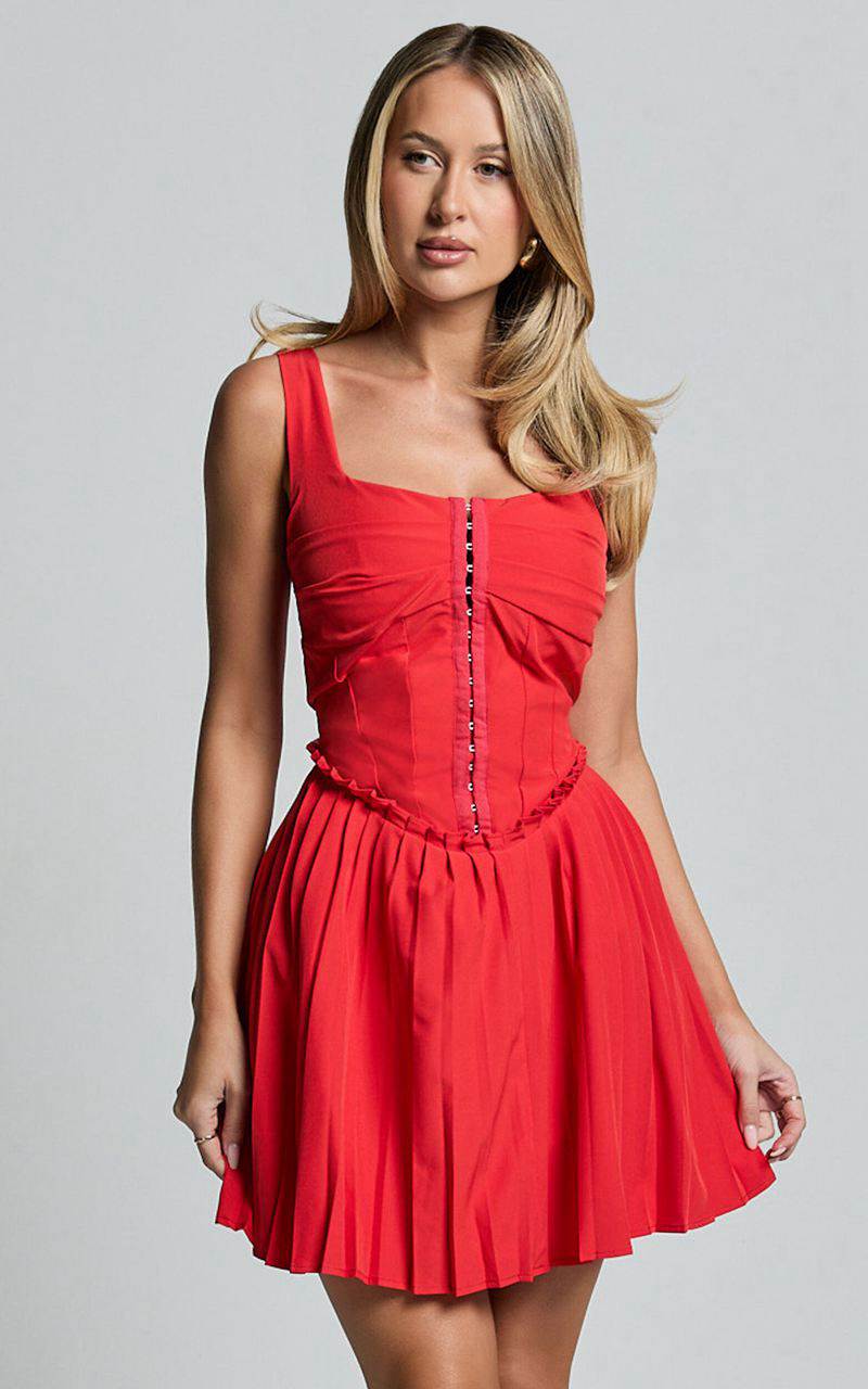 Showpo Adana Mini Dress - Fit And Flare Eyelet Corset Detail Mini Dress Red | WYSLJN768