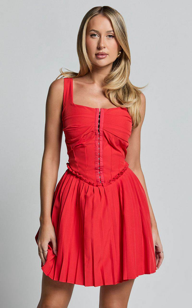 Showpo Adana Mini Dress - Fit And Flare Eyelet Corset Detail Mini Dress Red | WYSLJN768