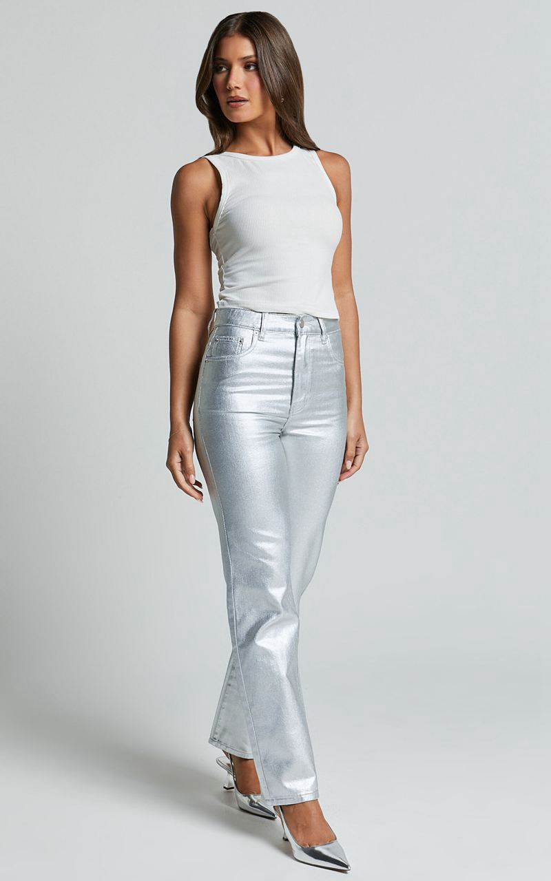 Showpo Addison Jeans - High Waisted Metallic Jeans Silver | XWVQNO689