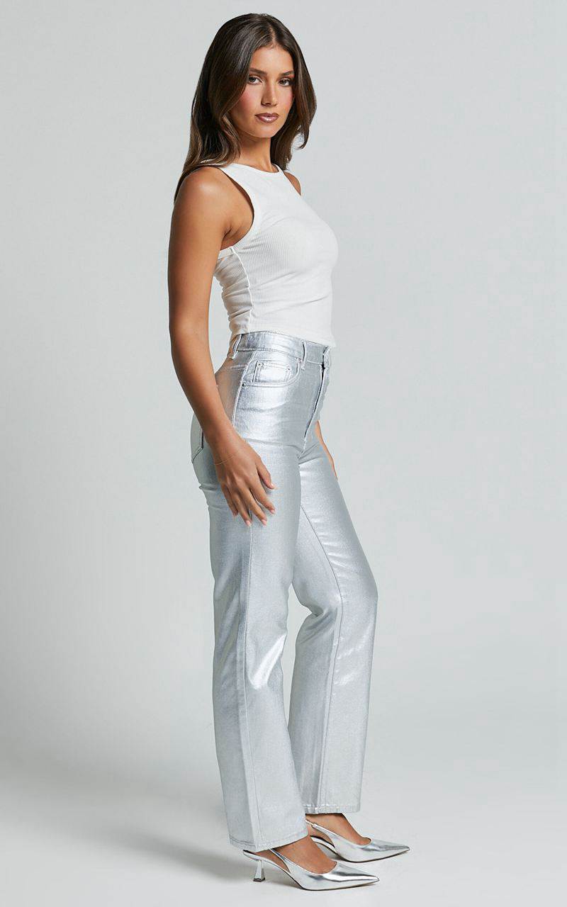 Showpo Addison Jeans - High Waisted Metallic Jeans Silver | XWVQNO689