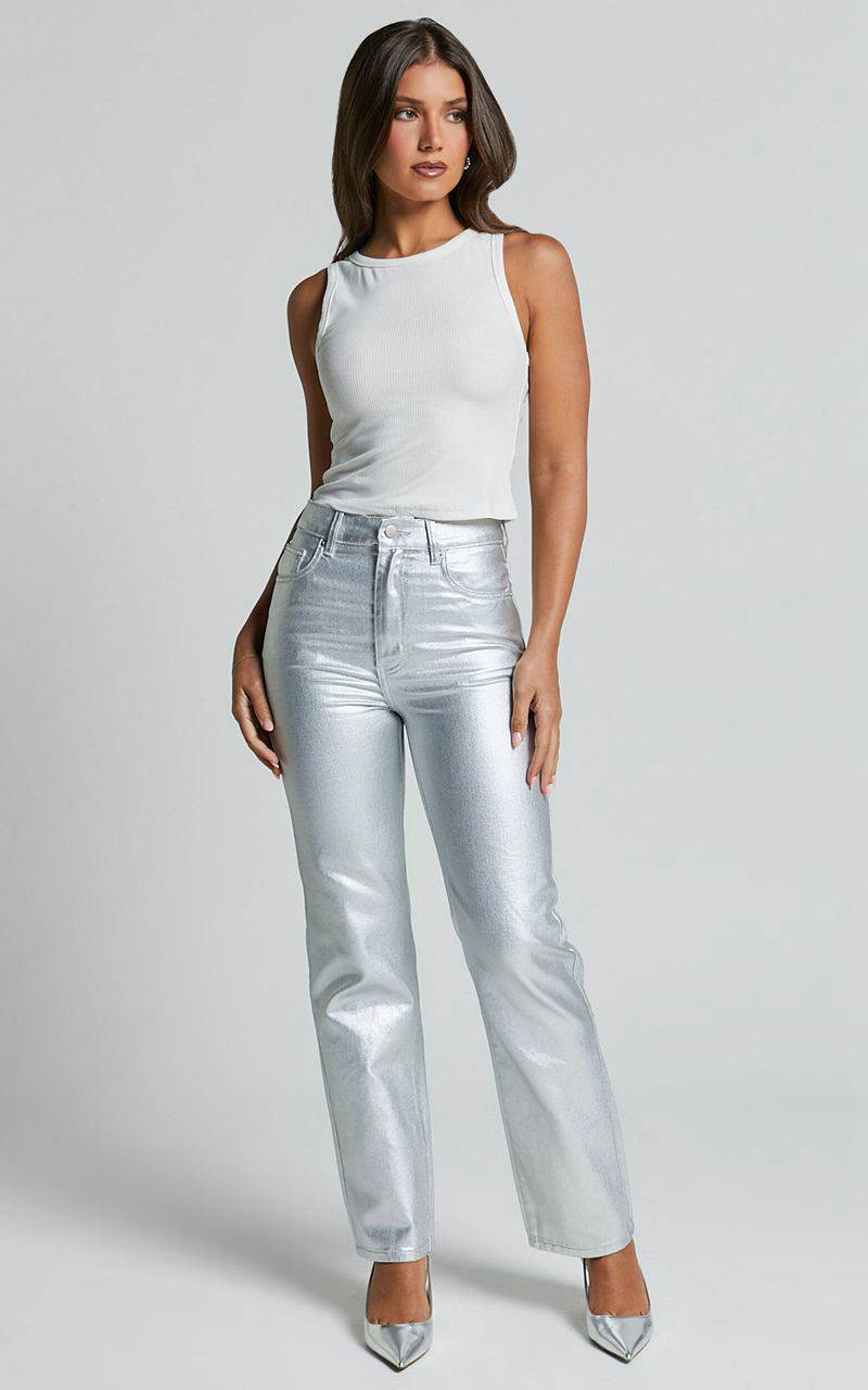 Showpo Addison Jeans - High Waisted Metallic Jeans Silver | XWVQNO689