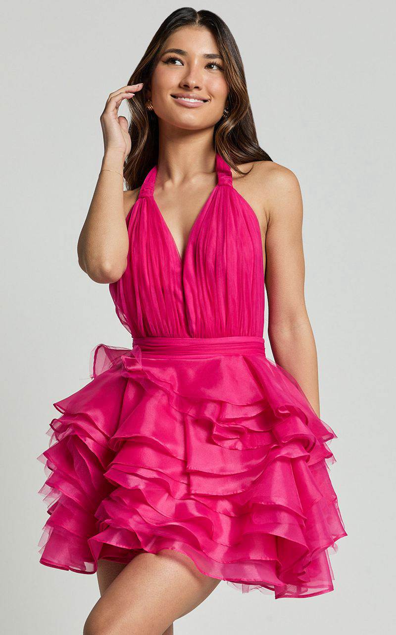 Showpo Addison Mini Dress - Halter Neck Plunge Tiered Tulle Dress Hot Pink | AIVCQL532