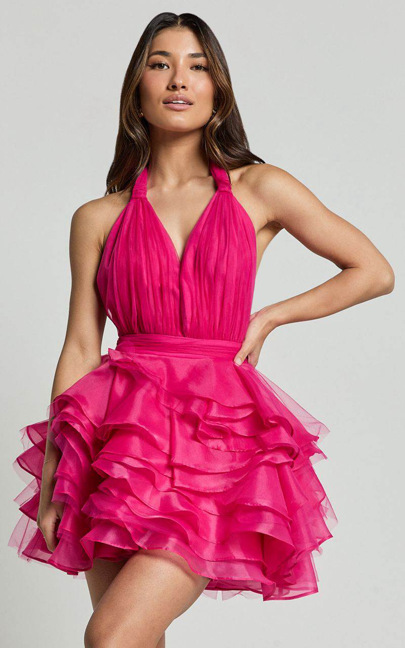 Showpo Addison Mini Dress - Halter Neck Plunge Tiered Tulle Dress Hot Pink | AIVCQL532