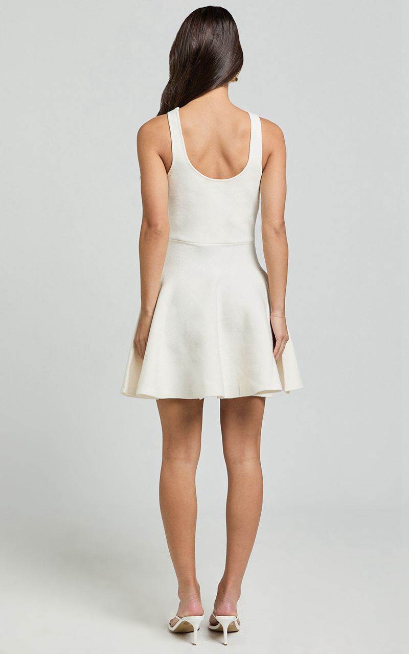 Showpo Addison Mini Dress - Recycled Polyester Knitted Scoop Neck Dress Ivory | UVMWDJ807