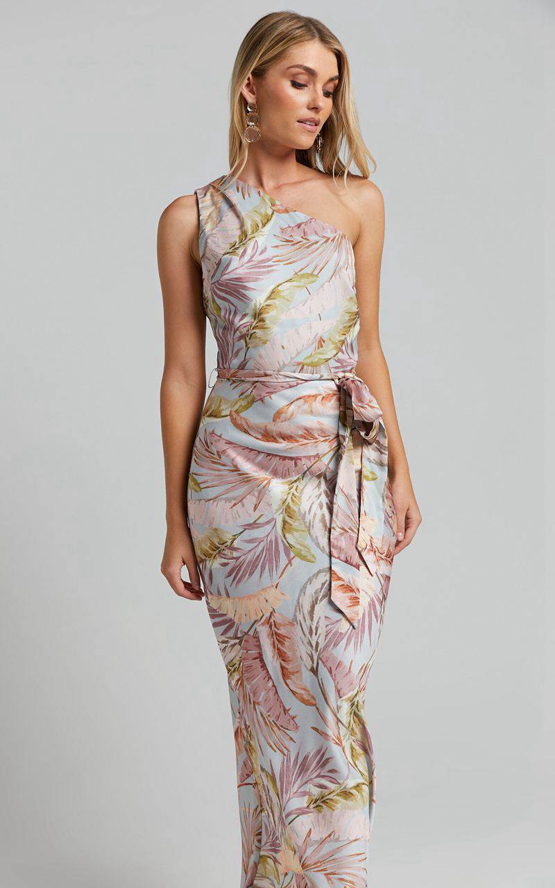 Showpo Adea Midi Dress - Asymmetric One Shoulder Slip Dress Blue Lagoon Leaf Print | WZUTES815