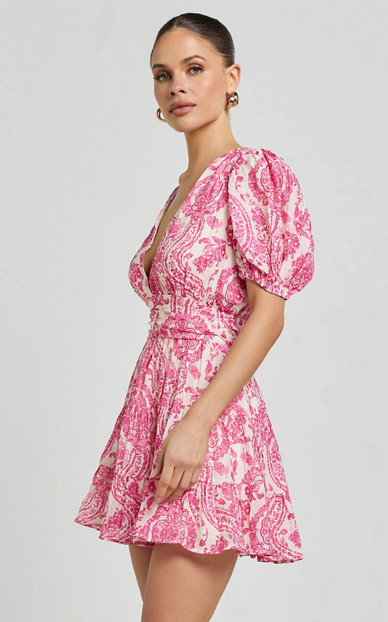 Showpo Adea Mini Dress - Plunge Puff Sleeve Tiered Dress Pink Floral | CFMAHQ751