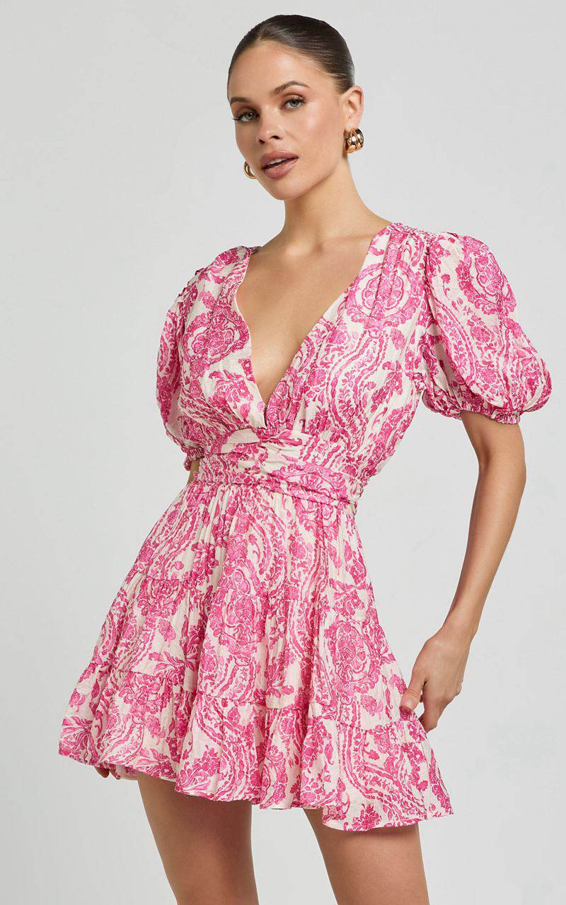 Showpo Adea Mini Dress - Plunge Puff Sleeve Tiered Dress Pink Floral | CFMAHQ751