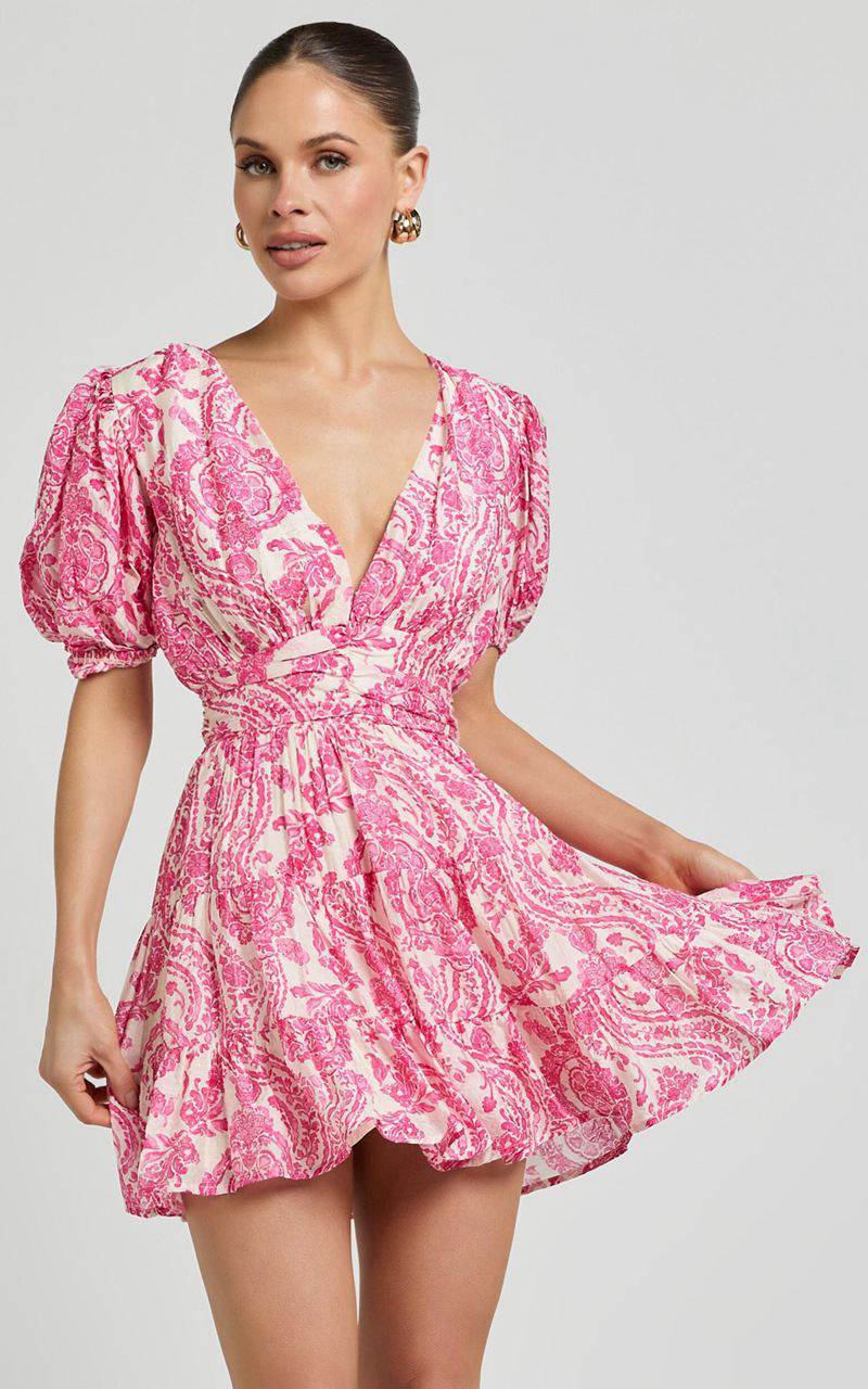 Showpo Adea Mini Dress - Plunge Puff Sleeve Tiered Dress Pink Floral | CFMAHQ751