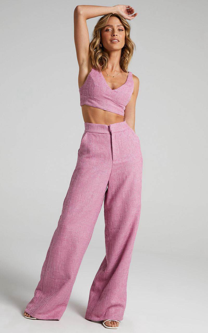 Showpo Adelaide Two Piece Set - Crop Top And Wide Leg Pants Set Pink | TBOAXJ235