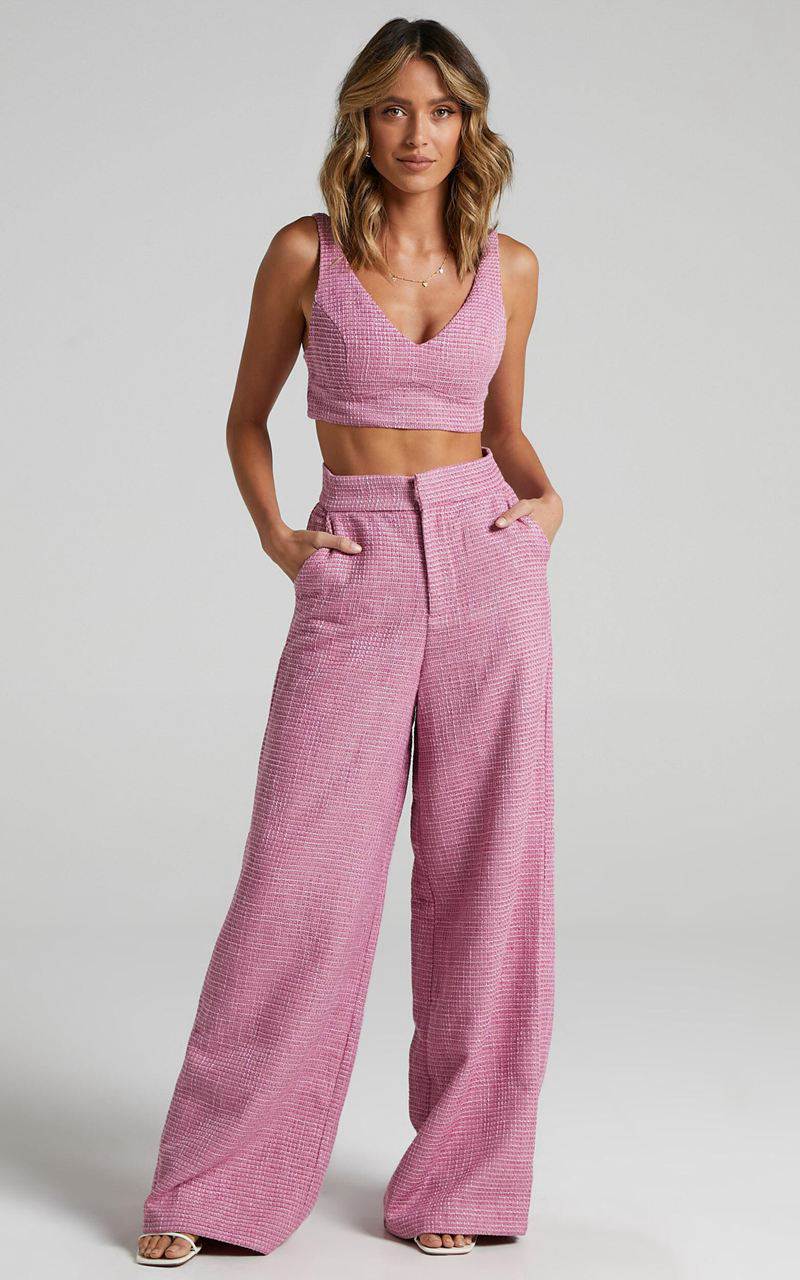 Showpo Adelaide Two Piece Set - Crop Top And Wide Leg Pants Set Pink | TBOAXJ235