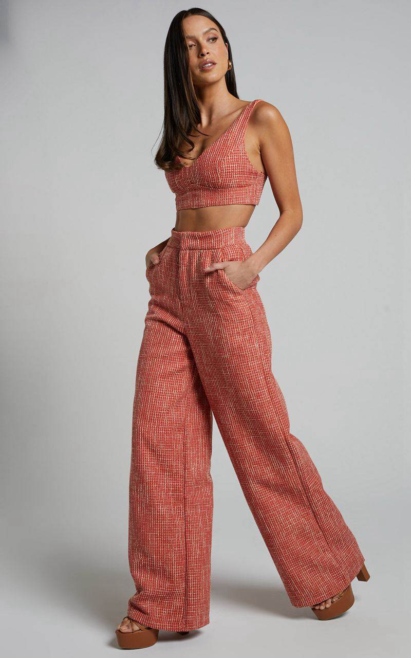 Showpo Adelaide Two Piece Set - Crop Top And Wide Leg Pants Set Burnt Orange | CQGWXS250