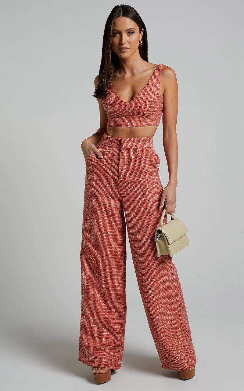 Showpo Adelaide Two Piece Set - Crop Top And Wide Leg Pants Set Burnt Orange | CQGWXS250