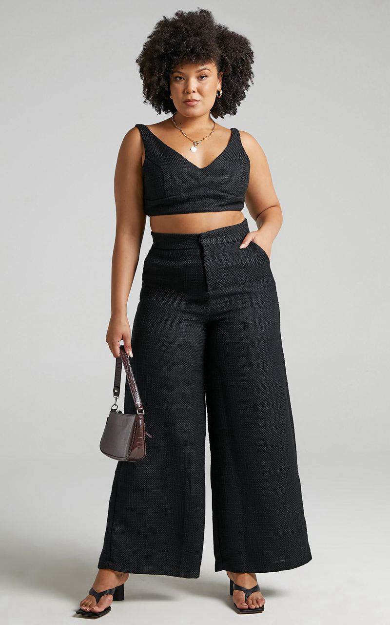 Showpo Adelaide Two Piece Set - Crop Top And Wide Leg Pants Set Black | ICJVYX507