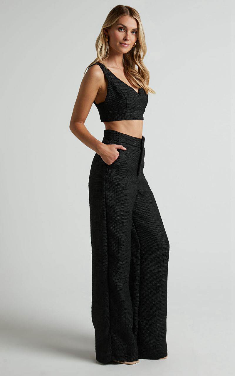 Showpo Adelaide Two Piece Set - Crop Top And Wide Leg Pants Set Black | ICJVYX507