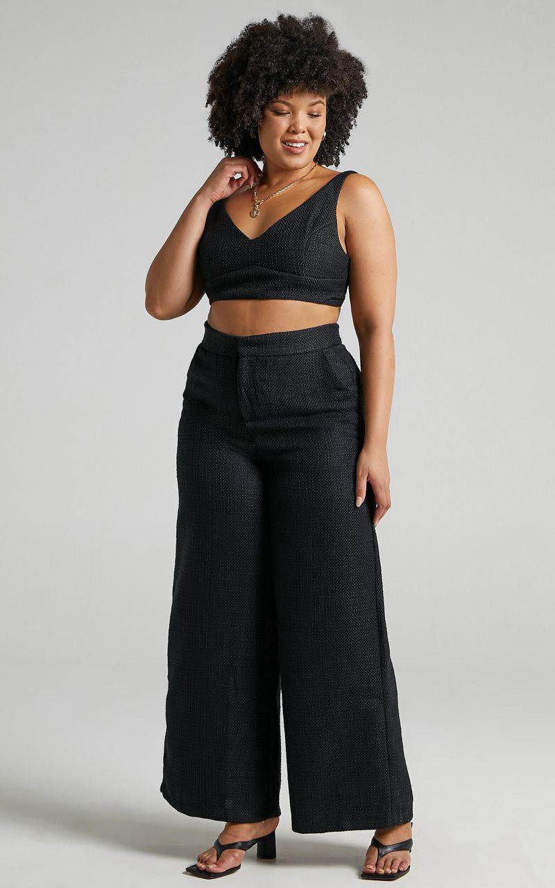 Showpo Adelaide Two Piece Set - Crop Top And Wide Leg Pants Set Black | ICJVYX507