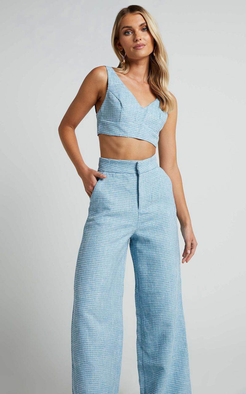 Showpo Adelaide Two Piece Set - Crop Top And Wide Leg Pants Set Baby Blue | BVNDGO418