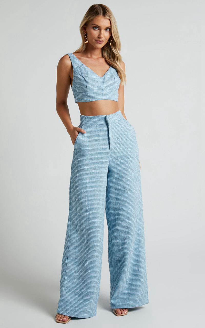 Showpo Adelaide Two Piece Set - Crop Top And Wide Leg Pants Set Baby Blue | BVNDGO418