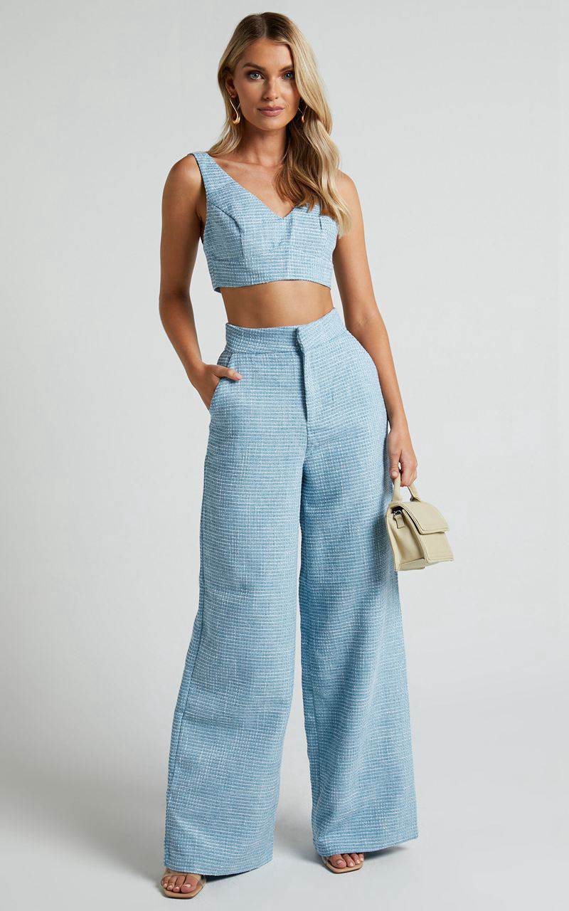 Showpo Adelaide Two Piece Set - Crop Top And Wide Leg Pants Set Baby Blue | BVNDGO418