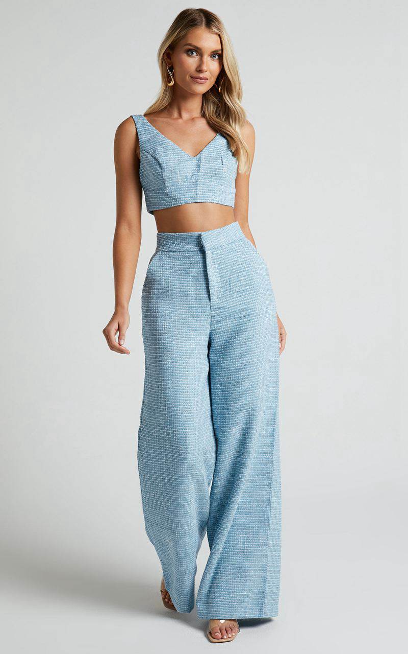 Showpo Adelaide Two Piece Set - Crop Top And Wide Leg Pants Set Baby Blue | BVNDGO418