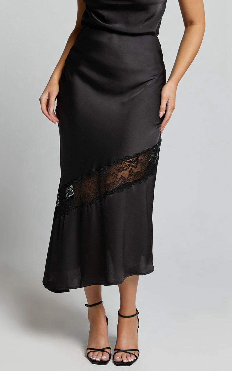 Showpo Adele Midi Skirt - Satin Slip Skirt With Lace Detail Black | JKOWVL876