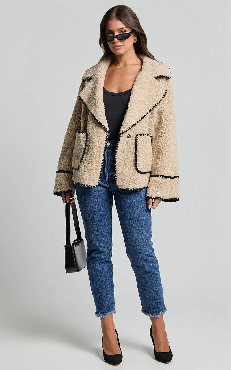 Showpo Adeline Jacket - Oversized Blanket Stitched Shearling Jacket Caramel | VZXBIF198