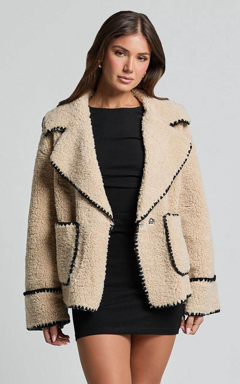 Showpo Adeline Jacket - Oversized Blanket Stitched Shearling Jacket Caramel | VZXBIF198