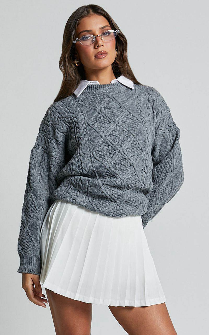 Showpo Adeline Jumper - Oversized Crew Neck Cable Knit Jumper Grey | BDRFHI168