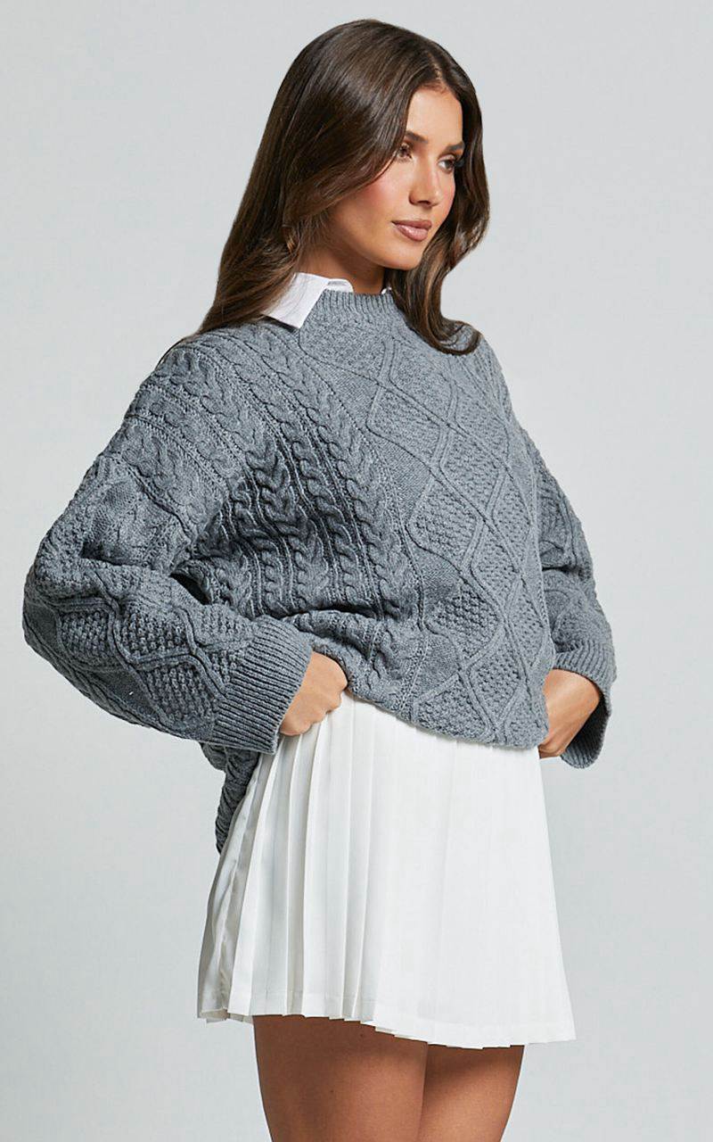 Showpo Adeline Jumper - Oversized Crew Neck Cable Knit Jumper Grey | BDRFHI168