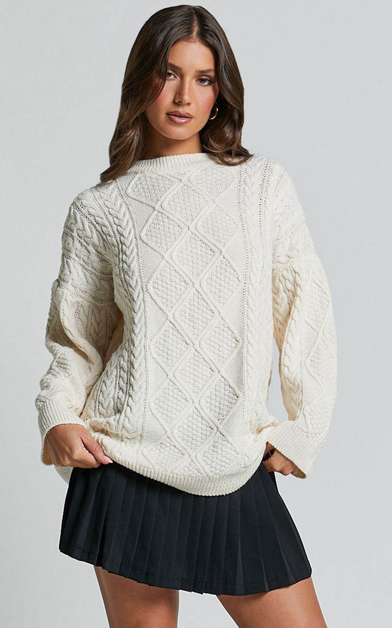 Showpo Adeline Jumper - Oversized Crew Neck Cable Knit Jumper Cream | SZXCMW197