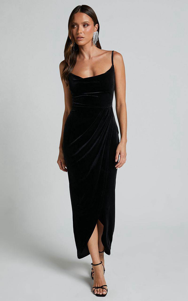 Showpo Adeline Midi Dress - Velvet Cowl Neck Drape Dress Black | BMPKCQ482