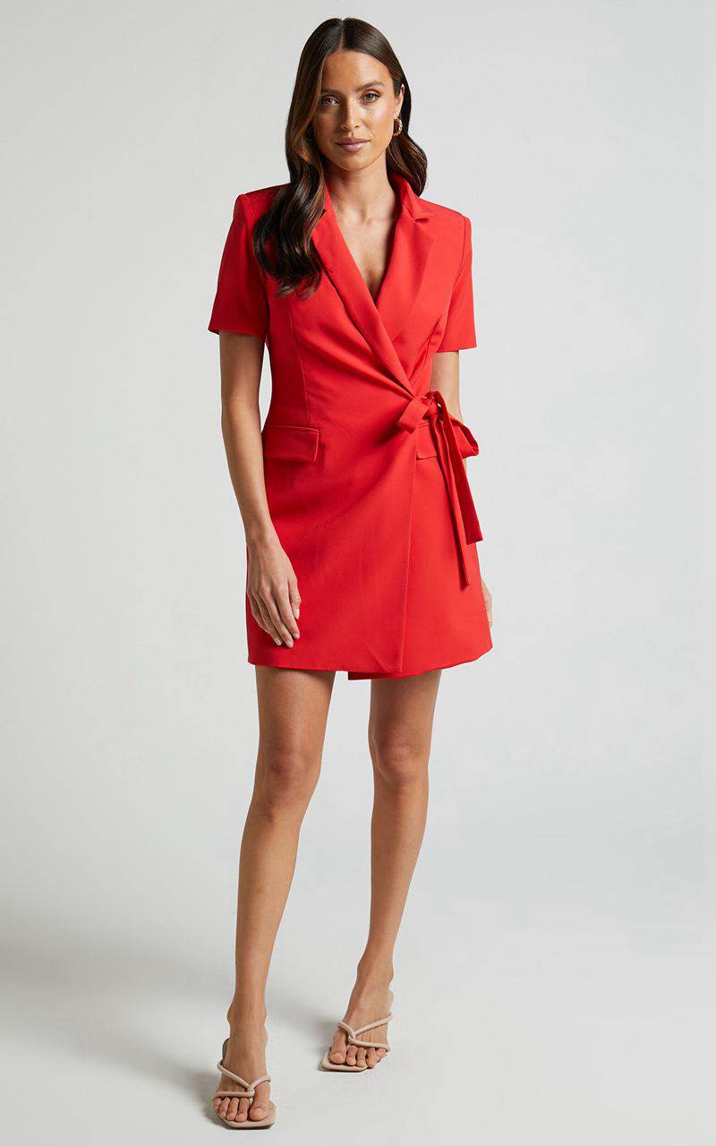 Showpo Adelyn Dress - Short Sleeve Tie Waist Blazer Mini Dress Red | OQDVEX187