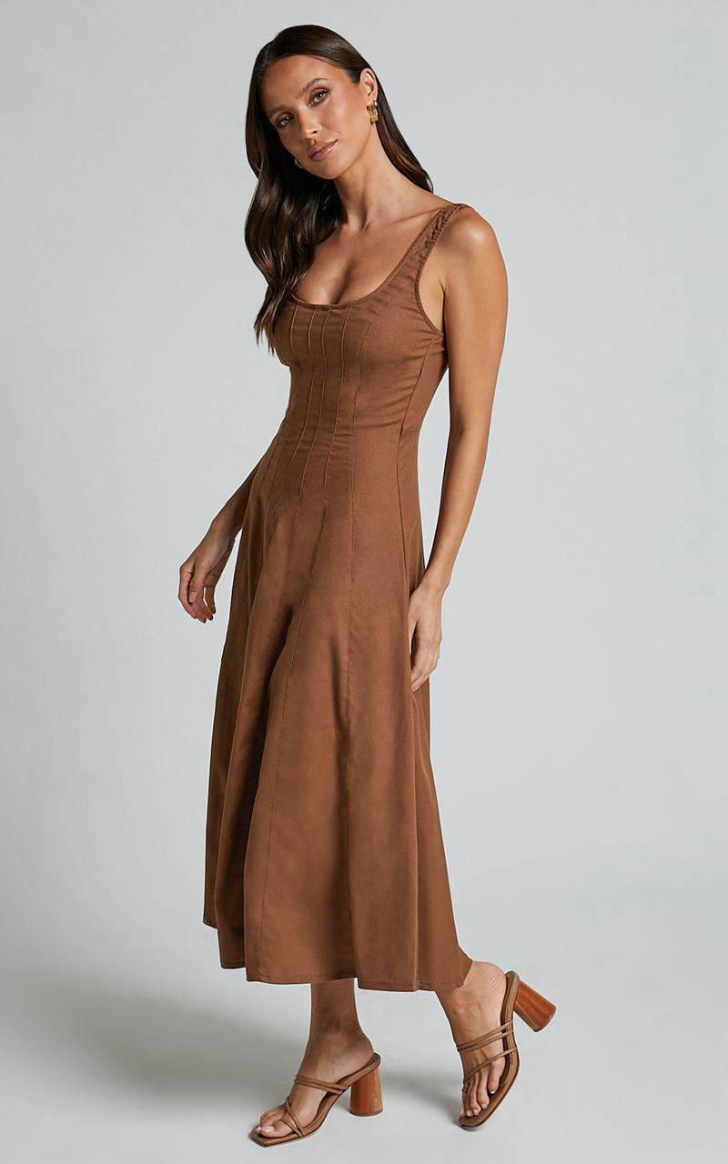 Showpo Adelyn Midi Dress - Square Neck Sleeveless A Line Dress Tobacco | APLJZI492