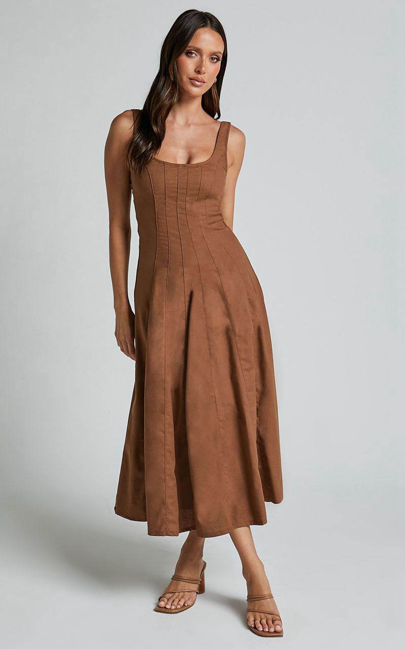 Showpo Adelyn Midi Dress - Square Neck Sleeveless A Line Dress Tobacco | APLJZI492